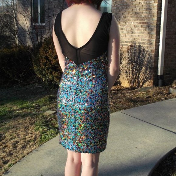 Multi Color Sequin Black Mesh Party Formal Dress Sz S - Picture 2 of 4
